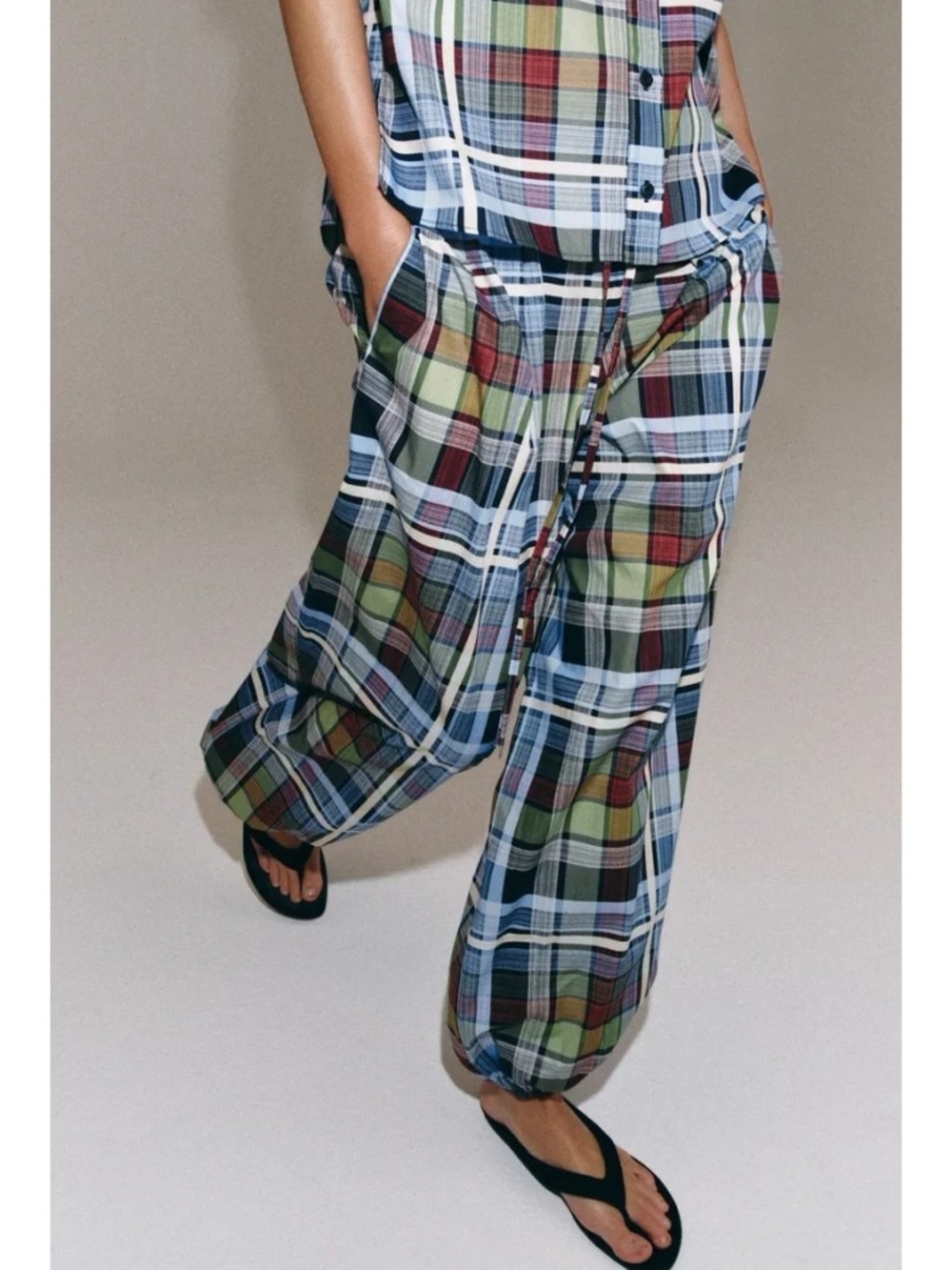 Zara Zw Collection Relaxed Plaid Balloon Drawstring Cotton Pants Sz-S